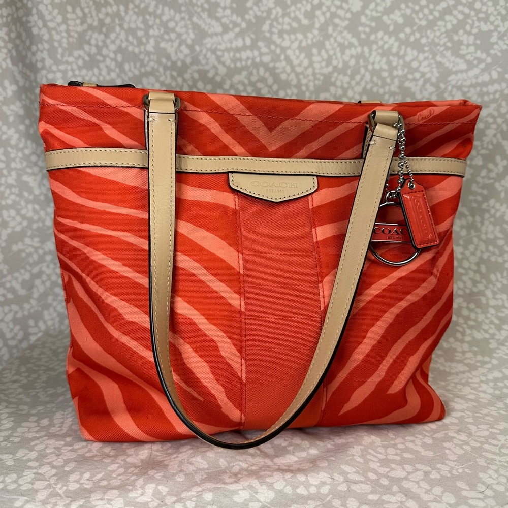 Coach Orange and Tan Tote Bag with Leather Straps